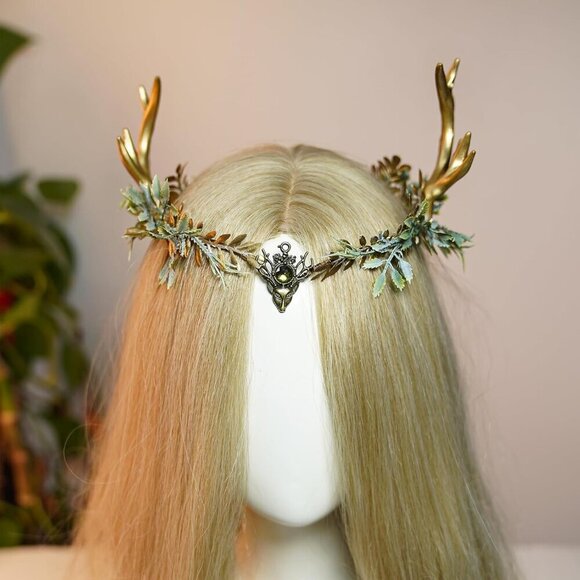 Woodland Gold Antler Crown Fairy Floral Circlet for Women Renaissance Halloween main image 6